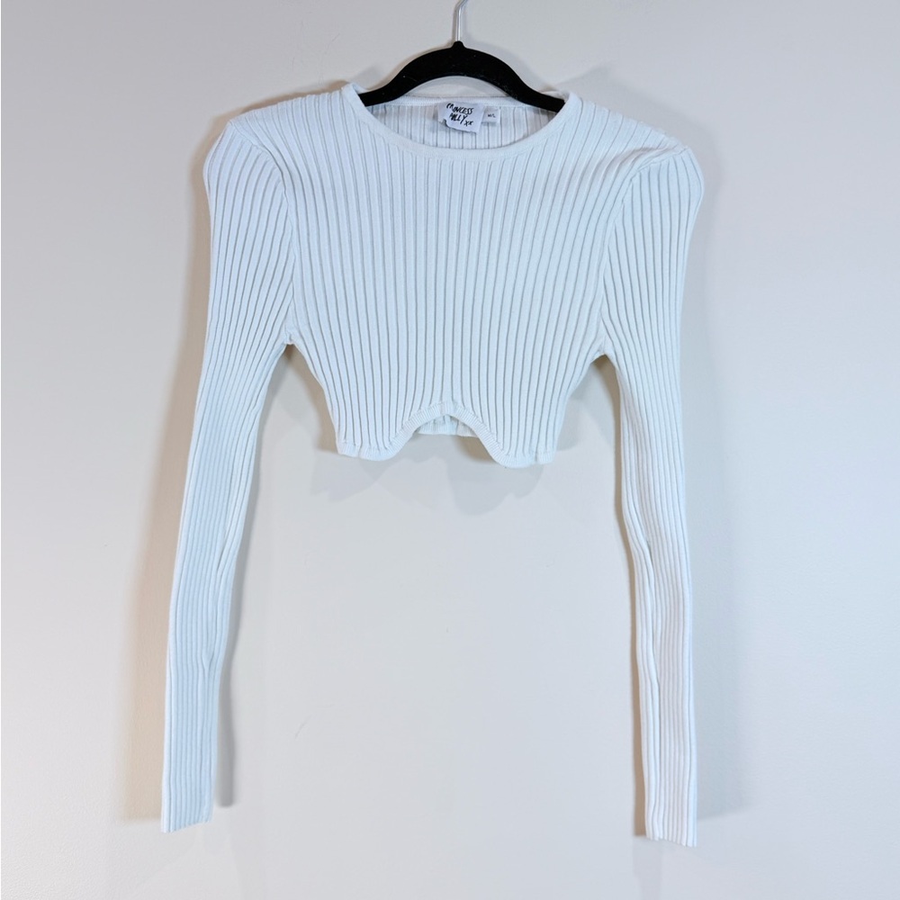 🔥Princess Poly Junior White Ribbed Cropped Long-Sleeve Top Size M/L EC🔥